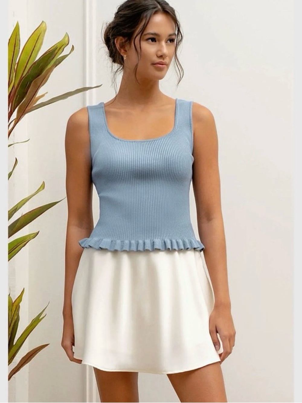 Blue Ribbed Ruffle Hem Knit Tank Top NWT | Blu Pepper | M